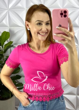 Blusa Malha De Algodão Com Bordados Perola e Guipper Alanis - Pink - Milla Chic