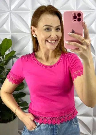 Blusa Malha De Algodão Com Bordados Perola e Guipper Alanis - Pink - Milla Chic