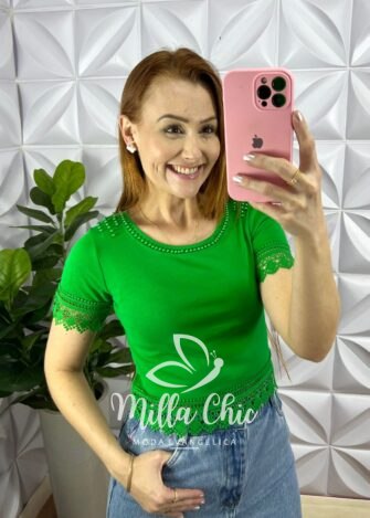 Blusa Malha De Algodão Com Bordados Perola e Guipper Alanis - Verde - Milla Chic