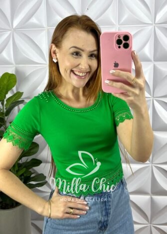 Blusa Malha De Algodão Com Bordados Perola e Guipper Alanis - Verde - Milla Chic