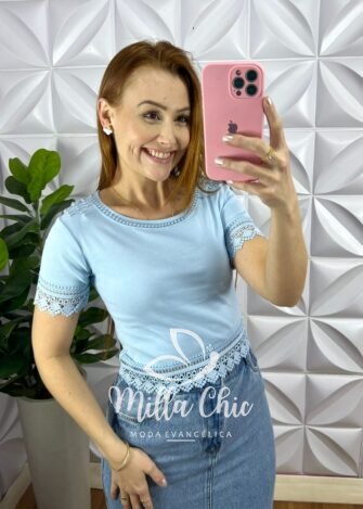 Blusa Malha De Algodão Com Bordados Perola e Guipper Alanis - Azul - Milla Chic