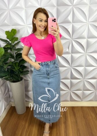 Blusa Malha De Algodão Manga Babadinho Leise Lana - Pink - Milla Chic