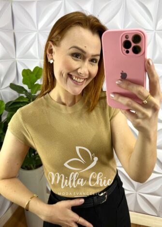Blusa Tricot Modal Gola Marcada Manga Curta Celeste - Capuchino - Milla Chic