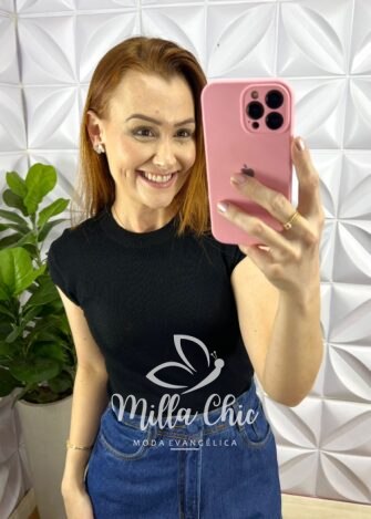 Blusa Tricot Modal Gola Marcada Manga Curta Celeste - Preta - Milla Chic