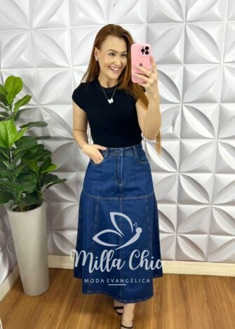 Blusa Tricot Modal Gola Marcada Manga Curta Celeste - Preta - Milla Chic
