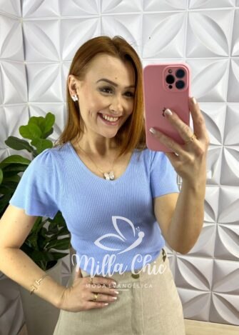 Blusa Tricot Modal Manga Raglan Cátia - Azul - Milla Chic