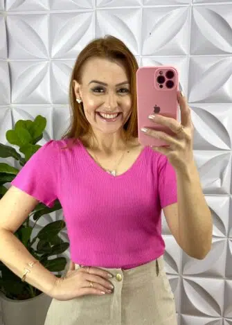 Blusa Tricot Modal Manga Raglan Cátia - Pink - Milla Chic