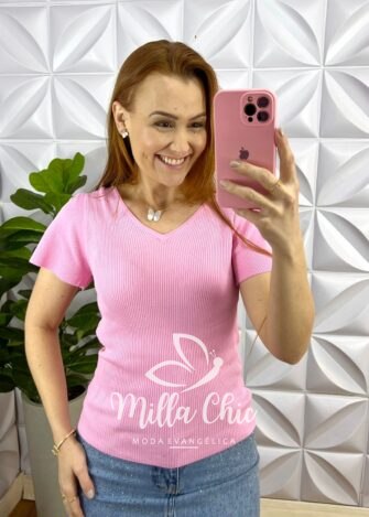 Blusa Tricot Modal Manga Raglan Cátia - Rosa - Milla Chic