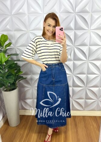 Blusa Viscolycra Listrada Com Manga Raglan Maria - Azul - Milla Chic