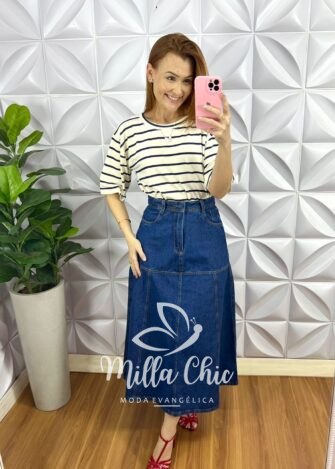 Blusa Viscolycra Listrada Com Manga Raglan Maria - Azul - Milla Chic