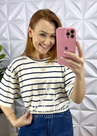 Blusa Viscolycra Listrada Com Manga Raglan Maria - Azul - Milla Chic