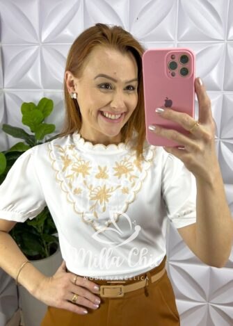 Camisa Crepe de Seda Com Babado Na Gola Bordado Estefani - Branco - Milla Chic