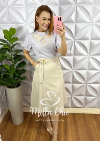 Camisa Crepe de Seda Com Babado Na Gola Bordado Estefani - Azul Acinzentado - Milla Chic