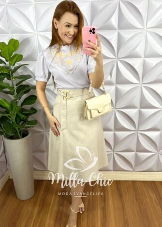 Camisa Crepe de Seda Com Babado Na Gola Bordado Estefani - Azul Acinzentado - Milla Chic