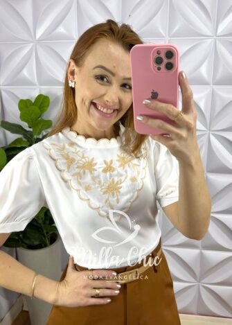 Camisa Crepe de Seda Com Babado Na Gola Bordado Estefani - Branco - Milla Chic