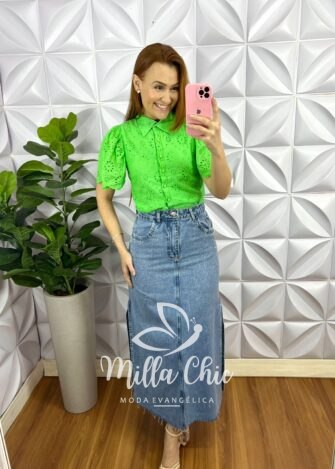 Camisa Laise 100% Algodão Manga Raglan Jeniffer - Verde Limão - Milla Chic
