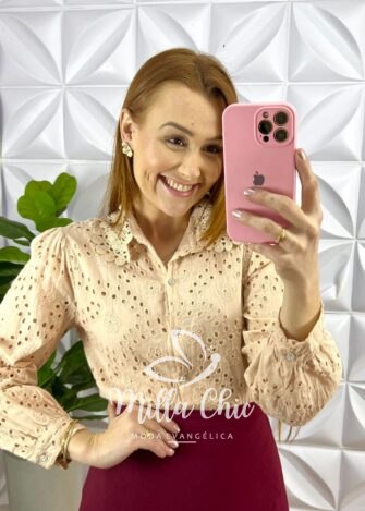 Camisa Lasie Manga Longa Gola Em Guipper Lara - Areia - Milla Chic