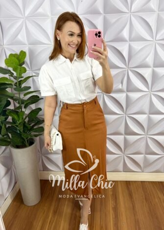 Camisa Linho Com Bolso Cargo E Manga Princesa Hanna - Branca - Milla Chic