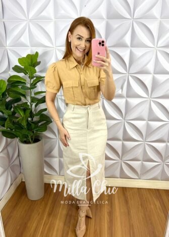 Camisa Linho Com Bolso Cargo E Manga Princesa Hanna - Capuchino - Milla Chic