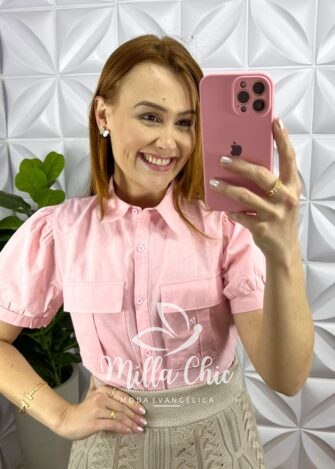 Camisa Linho Com Bolso Cargo E Manga Princesa Hanna - Rosa Ballet - Milla Chic