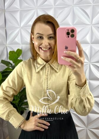 Camisa Linho Com Bordado de Maquina Manga Longa Flavia - Areia - Milla Chic