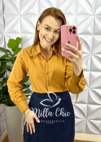 Camisa Linho Com Bordado de Maquina Manga Longa Flavia - Mostarda Escuro - Milla Chic