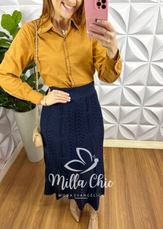 Camisa Linho Com Bordado de Maquina Manga Longa Flavia - Mostarda Escuro - Milla Chic