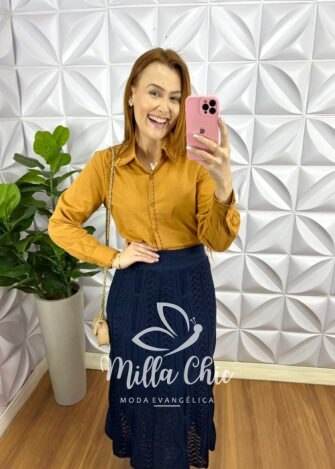 Camisa Linho Com Bordado de Maquina Manga Longa Flavia - Mostarda Escuro - Milla Chic