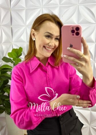 Camisa Linho Com Bordado de Maquina Manga Longa Flavia - Pink - Milla Chic