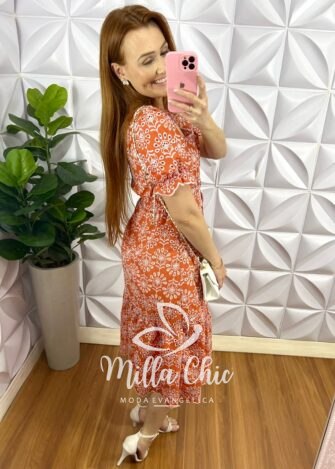 Chemise Laise Manga Princesa Botões De Perola Lavínia - Laranja - Milla Chic