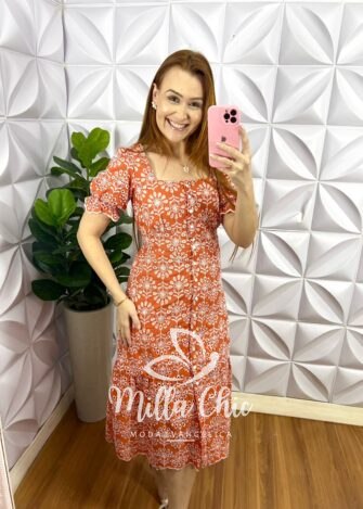Chemise Laise Manga Princesa Botões De Perola Lavínia - Laranja - Milla Chic