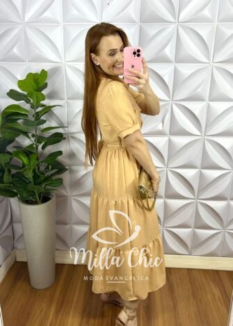 Chemise Linho Com Cinto Faixa Mídi Rayane - Manteiga - Milla Chic