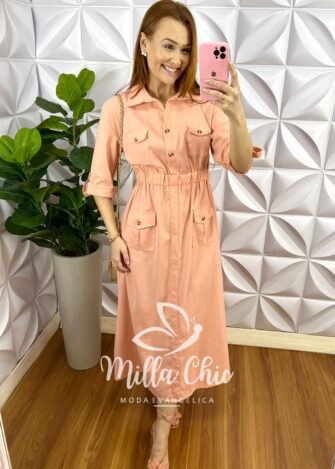 Chemise Linho Com Elástico Na Cintura E Bolso Janaina - Pêssego - Milla Chic