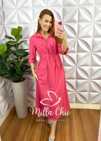 Chemise Linho Com Elástico Na Cintura E Bolso Janaina - Pêssego - Milla Chic