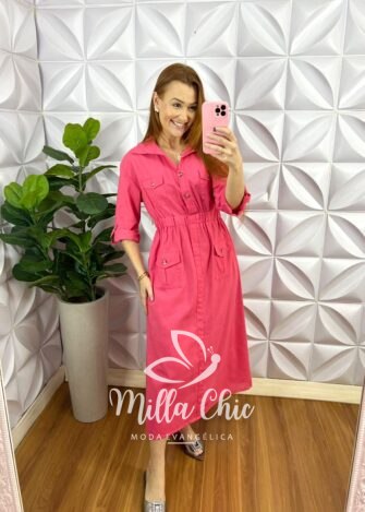 Chemise Linho Com Elástico Na Cintura E Bolso Janaina - Pêssego - Milla Chic