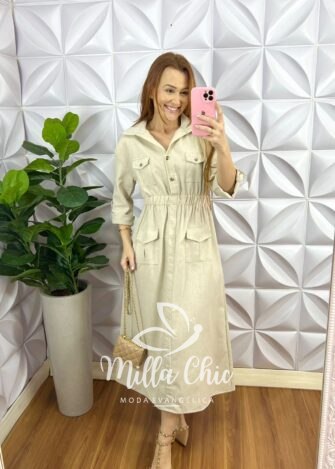 Chemise Linho Com Elástico Na Cintura E Bolso Janaina - Areia - Milla Chic