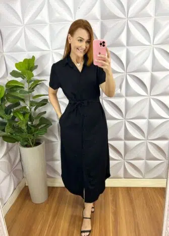 Chemise Sarja Com Algodão Mídi Com Manga Raglan Duda - Preto - Milla Chic