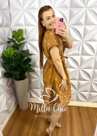 Chemise Tricoline Com Faixa Cinto Estampado Jamily - Capuchino - Milla Chic