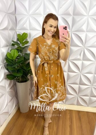 Chemise Tricoline Com Faixa Cinto Estampado Jamily - Capuchino - Milla Chic