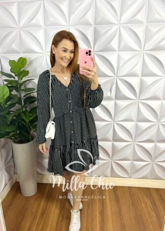 Vestido Viscolinho Oversized Manga Longa Listrado Geysa - Cinza - Milla Chic