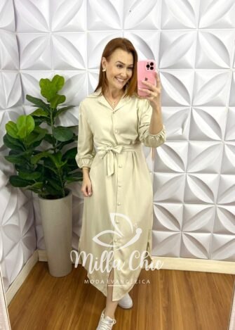 Chemise Viscose Sarjada Mídi Com Manga 7/8 Eduarda - Areia - Milla Chic