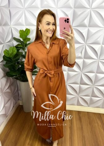 Chemise Viscose Sarjada Mídi Com Manga 7/8 Eduarda - Caramelo - Milla Chic