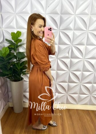 Chemise Viscose Sarjada Mídi Com Manga 7/8 Eduarda - Caramelo - Milla Chic