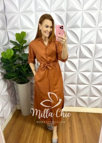 Chemise Viscose Sarjada Mídi Com Manga 7/8 Eduarda - Caramelo - Milla Chic