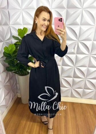 Chemise Viscose Sarjada Mídi Com Manga 7/8 Eduarda - Preto - Milla Chic