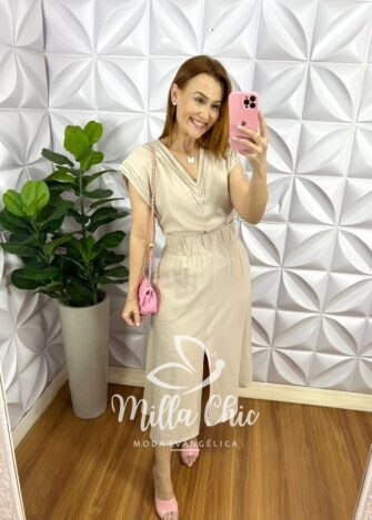 Conjunto Alfaiataria Marrant Com Saia Pespontada Mídi Gabriele - Areia - Milla Chic