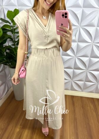 Conjunto Alfaiataria Marrant Com Saia Pespontada Mídi Gabriele - Areia - Milla Chic