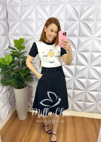 Conjunto Blusa Viscolycra Saia Anarruga Com Cinto Encapado Paula - Preto - Milla Chic