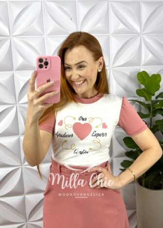 Conjunto Blusa Viscolycra Saia Anarruga Com Cinto Encapado Paula - Rosa - Milla Chic