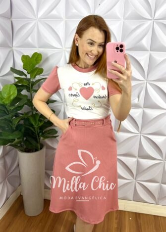 Conjunto Blusa Viscolycra Saia Anarruga Com Cinto Encapado Paula - Rosa - Milla Chic